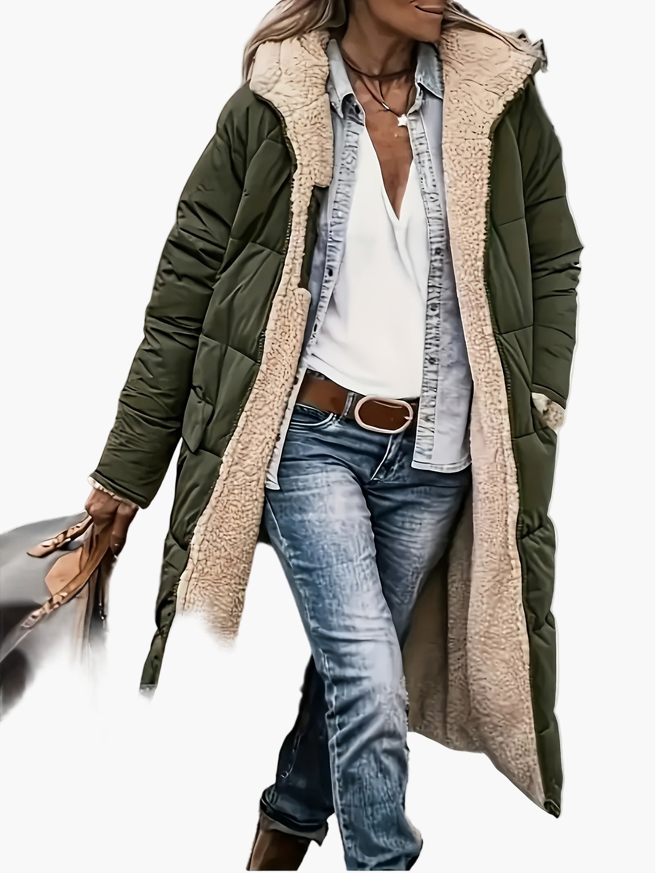 Manteau long d'hiver femme style décontracté avec capuche et doublure chaude, idéal pour les voyages et le quotidien