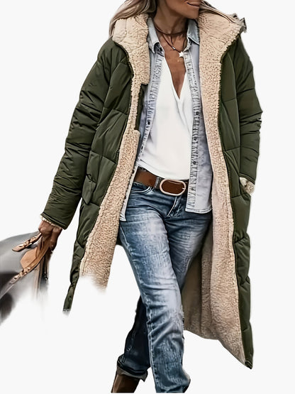 Manteau long d'hiver femme style décontracté avec capuche et doublure chaude, idéal pour les voyages et le quotidien