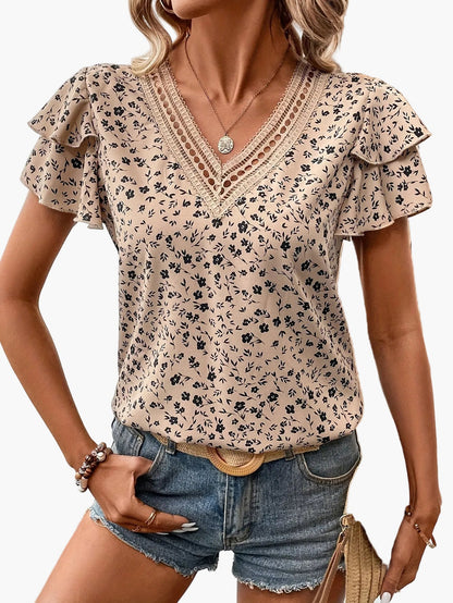 Blouse élégante pour femme à imprimé floral et manches volantées – Style décontracté chic pour le printemps et l'été