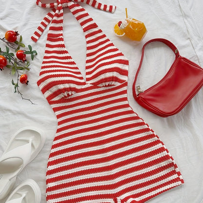 Combinaison Short Femme à Rayures Style Rétro Col Halter Été Plage
