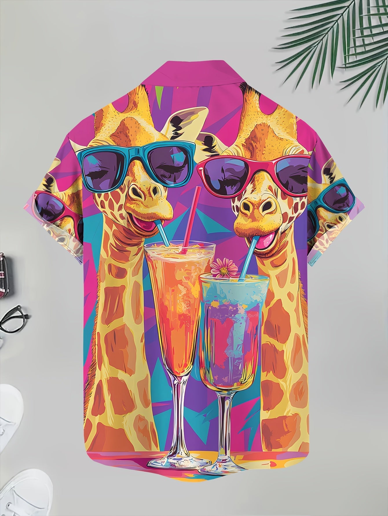 Camisa hawaiana casual para hombre con estampado de jirafa y cócteles – Estilo veraniego y original