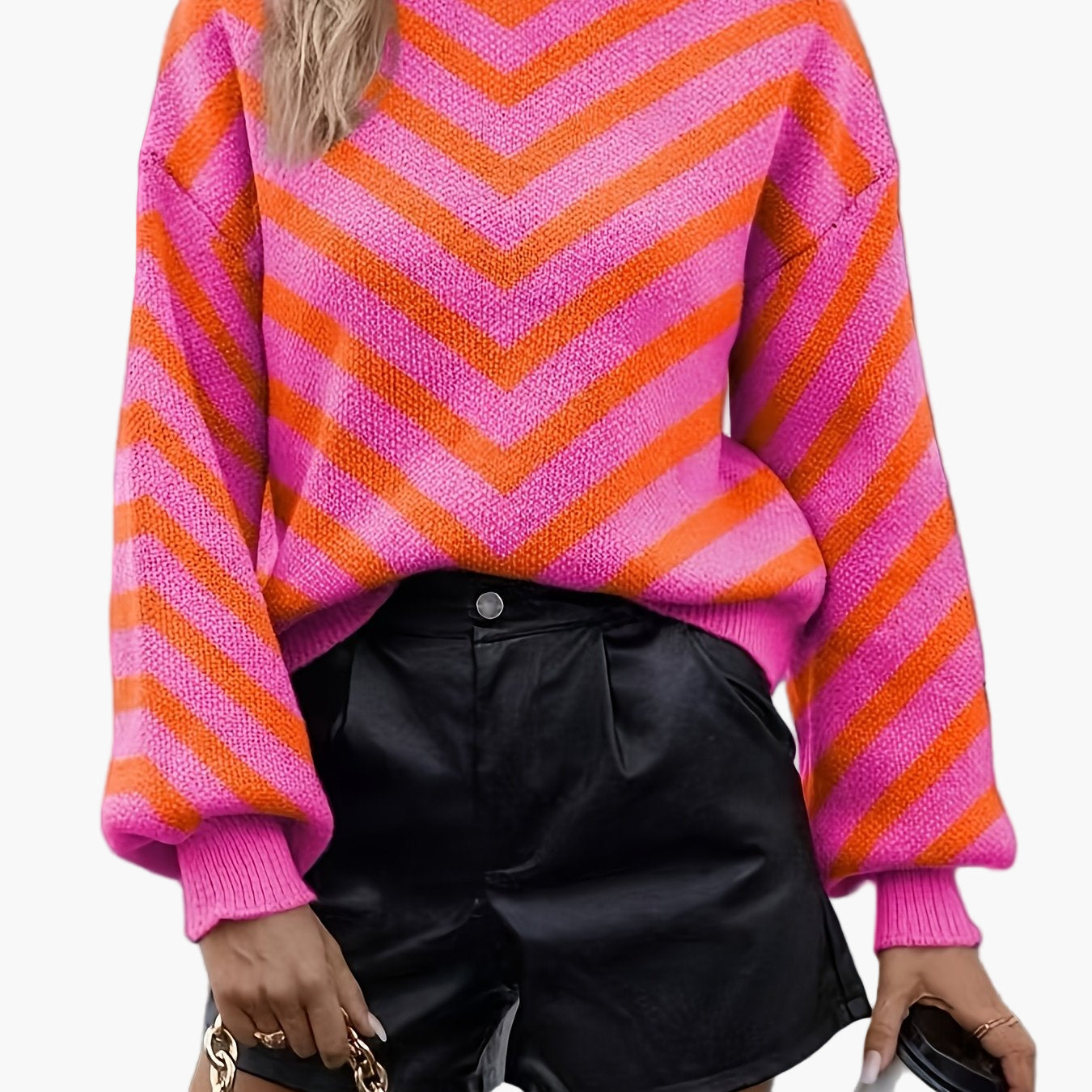 Pull élégant à rayures chevrons pour femme, style automne/hiver, manches longues, coupe décontractée