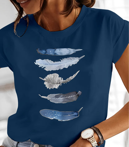 Dames T-shirt Casual Stijl met Artistiek Veerpatroon – Ideaal voor Lente en Zomer