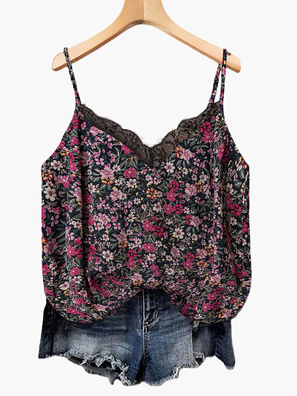 Top donna con spalline sottili, stile bohémien floreale, ideale per estate e vacanze