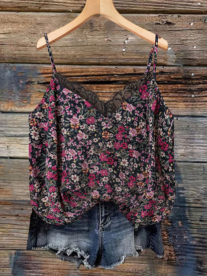 Top donna con spalline sottili, stile bohémien floreale, ideale per estate e vacanze