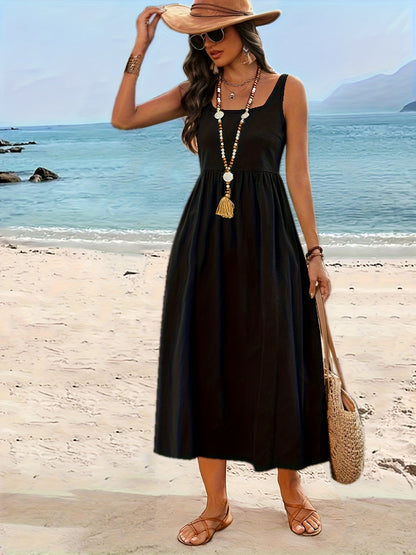 Robe Femme Midi Style Bohème Col Carré Sans Manches pour Vacances