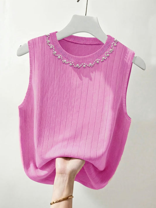 Débardeur sans manches élégant femme style perlé col rond pour sorties ou bureau