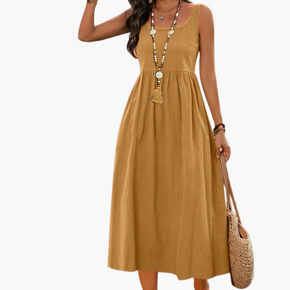 Robe Femme Midi Style Bohème Col Carré Sans Manches pour Vacances