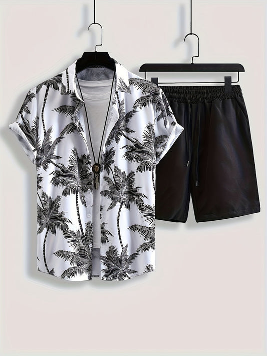 Men's Casual Summer Set, Vacation Style, Palm Print Shirt and Shorts