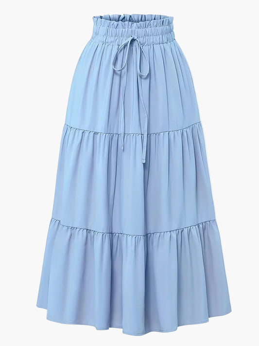 Falda larga elegante para mujer con talle alto y volantes, estilo primavera-verano, ideal para ocio y salidas