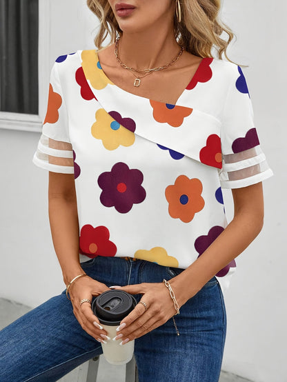 Blouse Femme Élégante à Motifs Fleurs Rétro Col Asymétrique Manches Courtes - Style Décontracté Chic