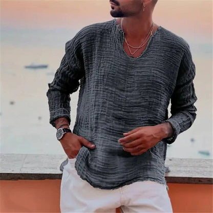 Ken – Chemise décontractée à col rond en couleur unie avec bords effilochés