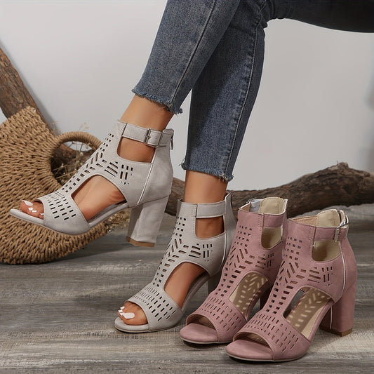 Opengewerkte hoge hak sandalen voor dames, casual avondstijl