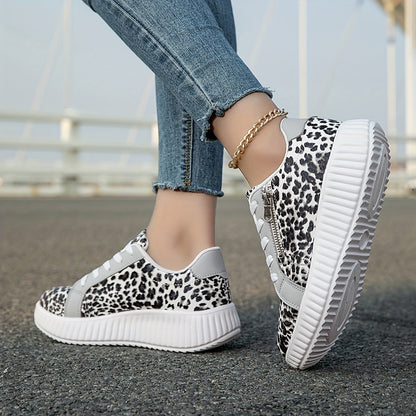 Sneakers Donna Leopardo alla Moda con Lacci, Zeppa e Cerniera - Stile Urbano Casual