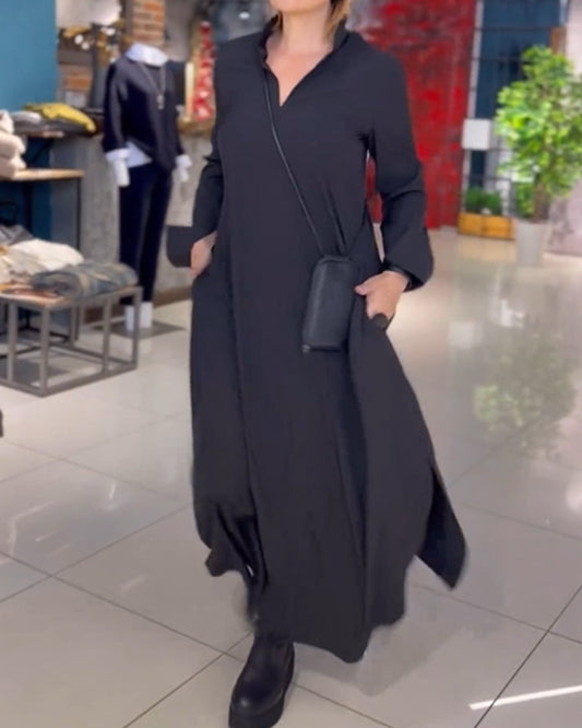 Robe longue ample décontractée chic pour femme – Style urbain polyvalent, manches longues, col en V, poches pratiques