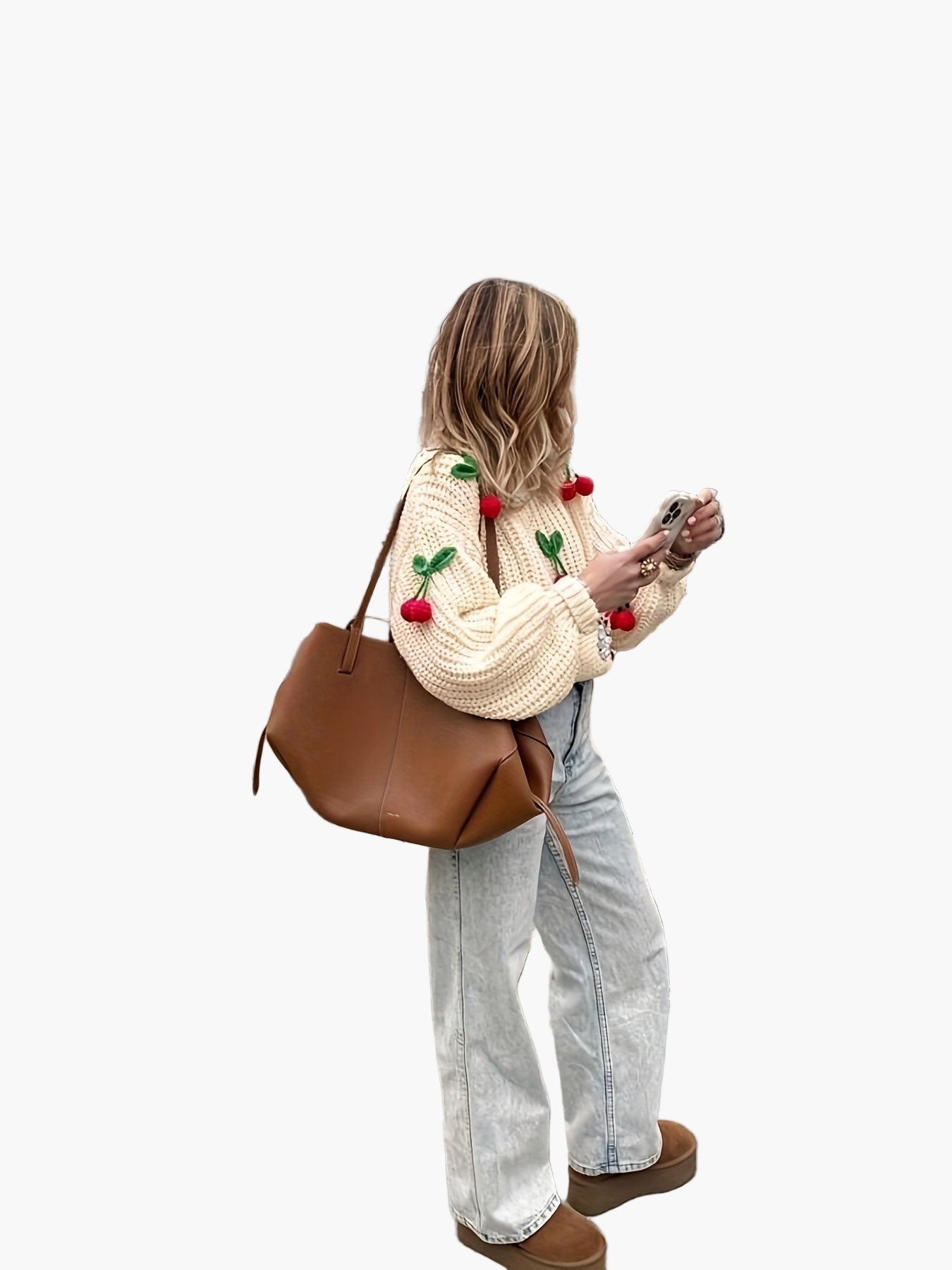 Pull femme style décontracté avec cerises brodées, manches longues, idéal automne-hiver