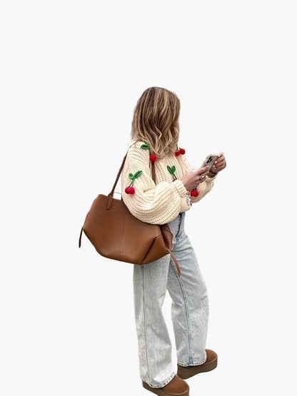 Pull femme style décontracté avec cerises brodées, manches longues, idéal automne-hiver