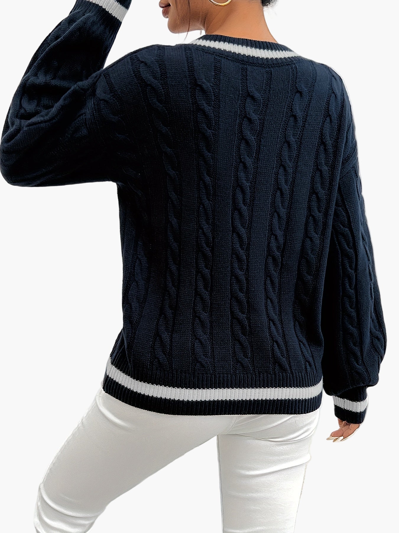 Pull élégant à torsades col V femme style universitaire automne hiver