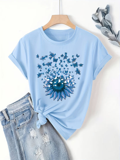 Women's casual style T-shirt with sunflower and butterfly pattern, trendy print for spring-summer