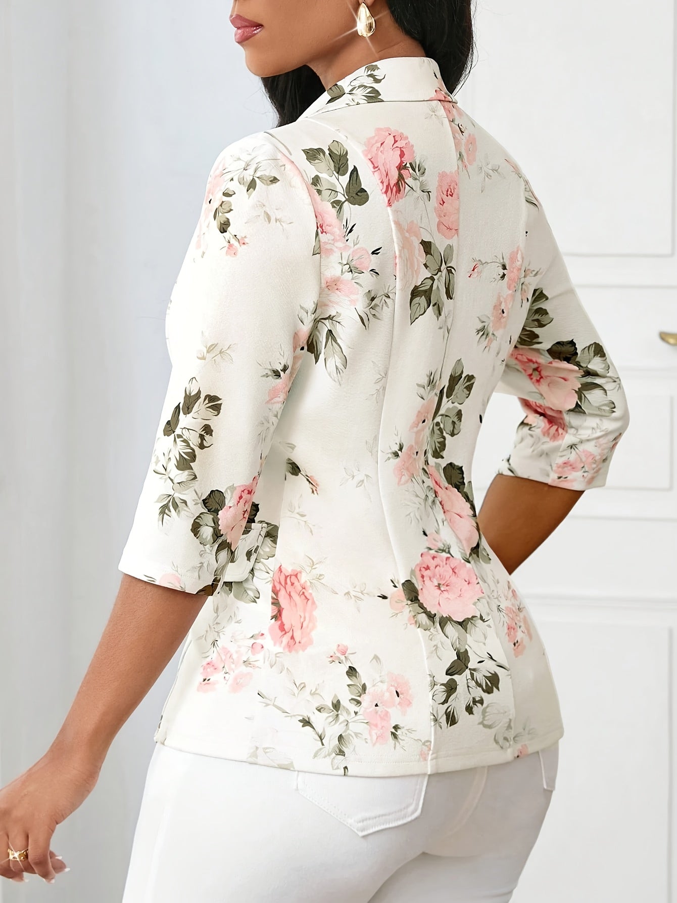 Elegant dameblazer med blomsterprint, forårs- og efterårsstil, trekvartærmer, ideel til kontor og udflugter