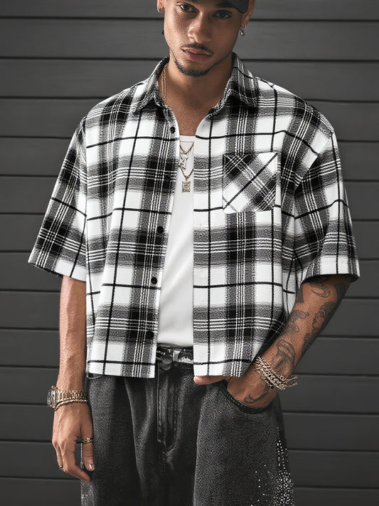 Men's short-sleeve shirt with trendy plaid urban casual style