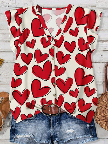 Blusa casual donna con stampa cuori, stile estivo, scollo a V, con bottoni