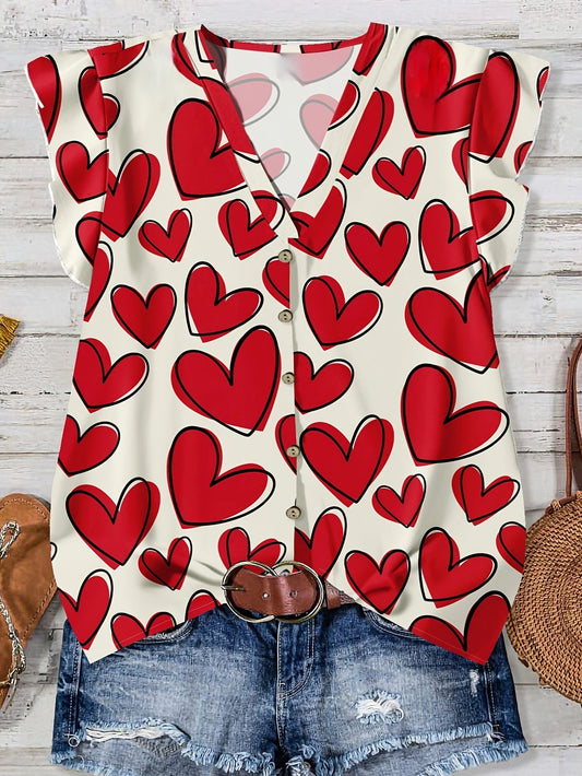 Blusa casual donna con stampa cuori, stile estivo, scollo a V, con bottoni