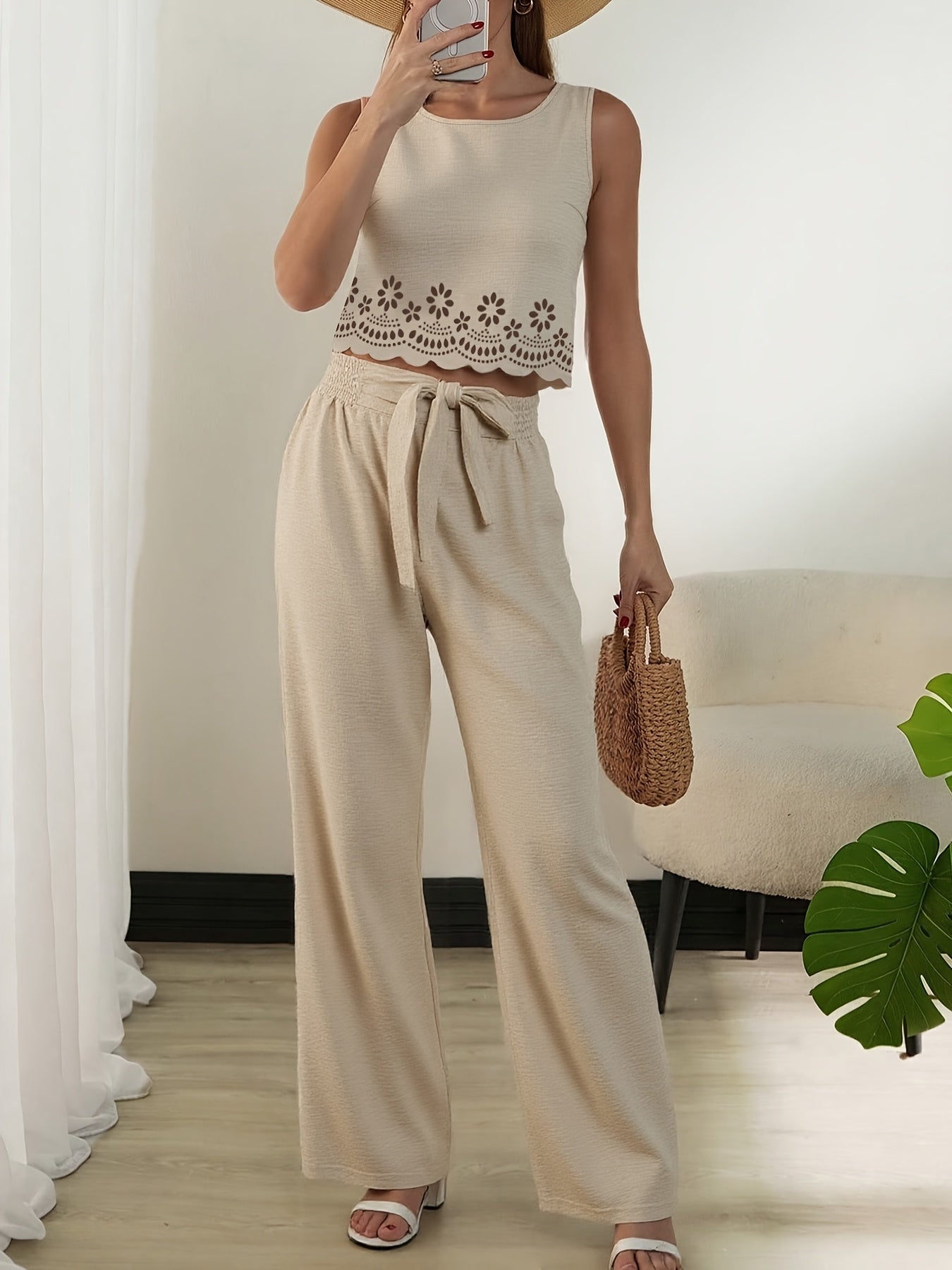 Tweedelig damesensemble elegante stijl met uitgesneden crop top en wijde hoge taille broek voor lente/zomer