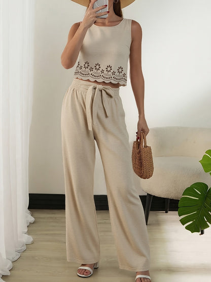 Tweedelig damesensemble elegante stijl met uitgesneden crop top en wijde hoge taille broek voor lente/zomer