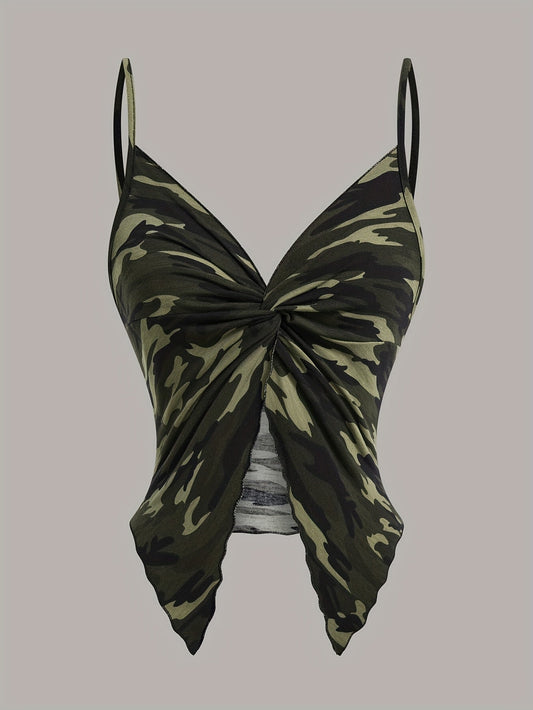 Top camisole femme style urbain à imprimé camouflage et détail noué