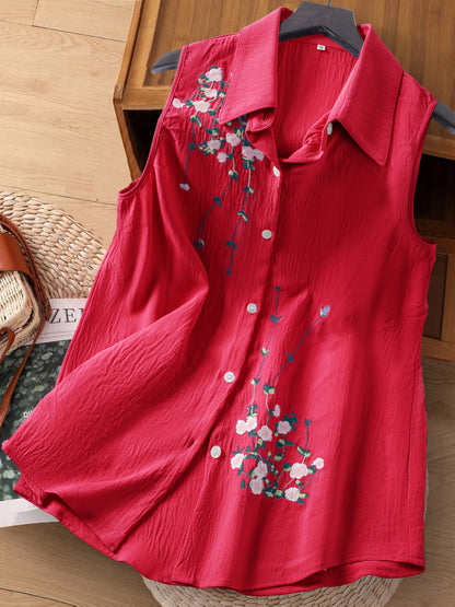 Ærmeløs damebluse i elegant stil med blomsterbroderi - Til daglig brug eller kontor