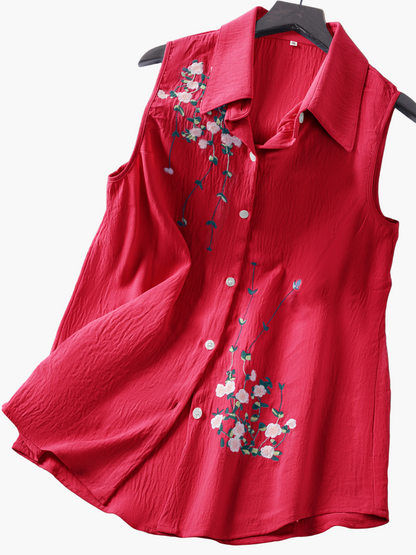Ærmeløs damebluse i elegant stil med blomsterbroderi - Til daglig brug eller kontor