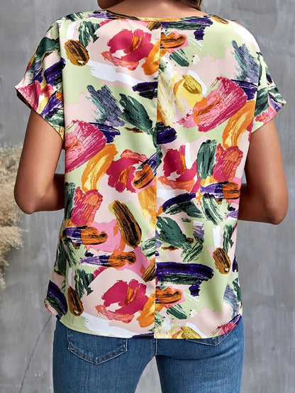 Camiseta mujer corte relajado estilo artístico estampado pinceles – Elegante para el verano