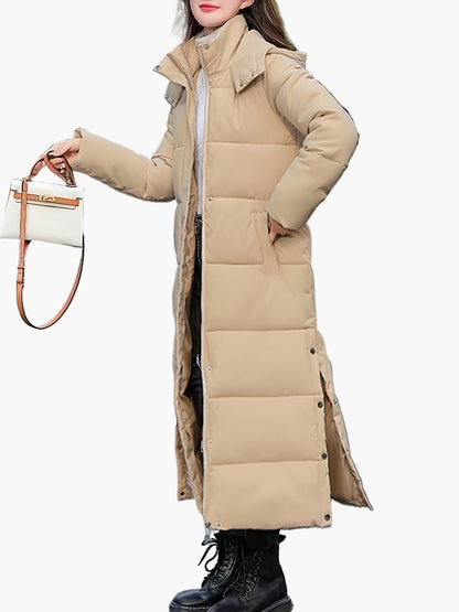 Manteau long matelassé à capuche pour femme, style élégant hiver, usage urbain et décontracté