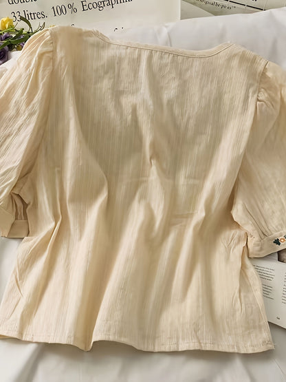Blouse femme élégante à col carré et broderies florales, style décontracté printemps-été