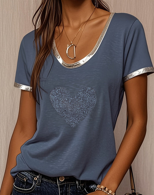 T-shirt décontracté femme à motif cœur brillant et détails métalliques – Style tendance pour sorties et quotidien