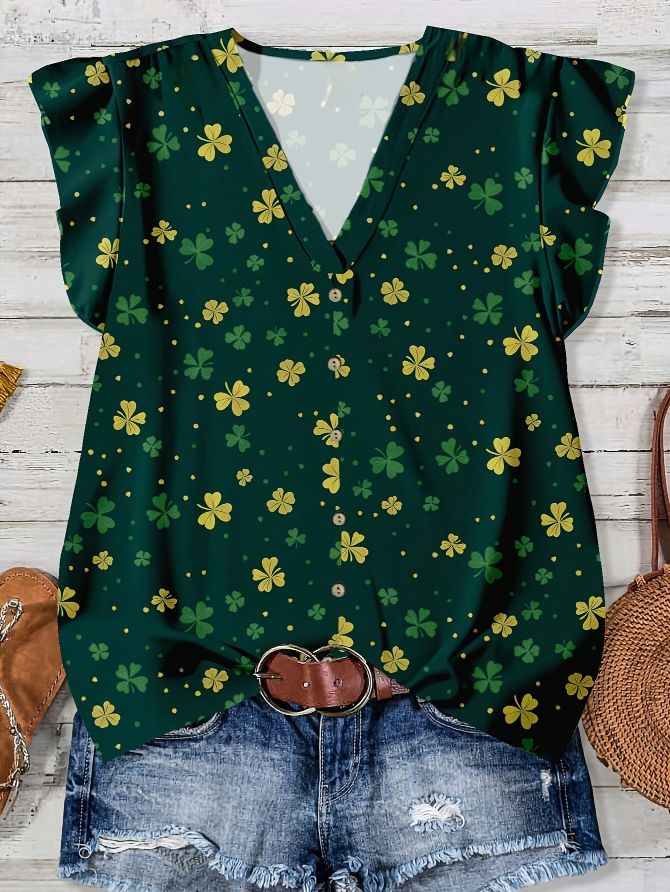 Blusa casual donna con stampa cuori, stile estivo, scollo a V, con bottoni
