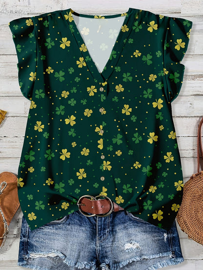 Blusa casual donna con stampa cuori, stile estivo, scollo a V, con bottoni