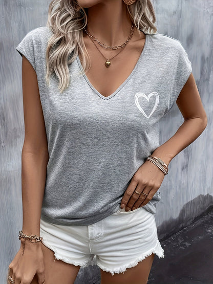 Dames T-shirt met V-hals en hartmotief, zomerse stijl