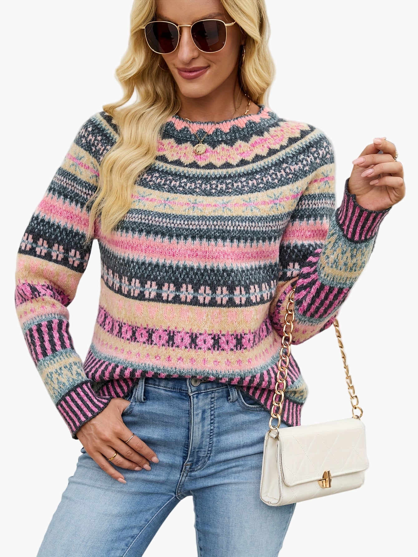 Pull d'hiver femme à motifs géométriques style nordique élégant