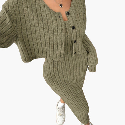 Ensemble Femme Élégant Deux Pièces Pull Boutonné et Jupe Longue Style Décontracté Printemps Automne