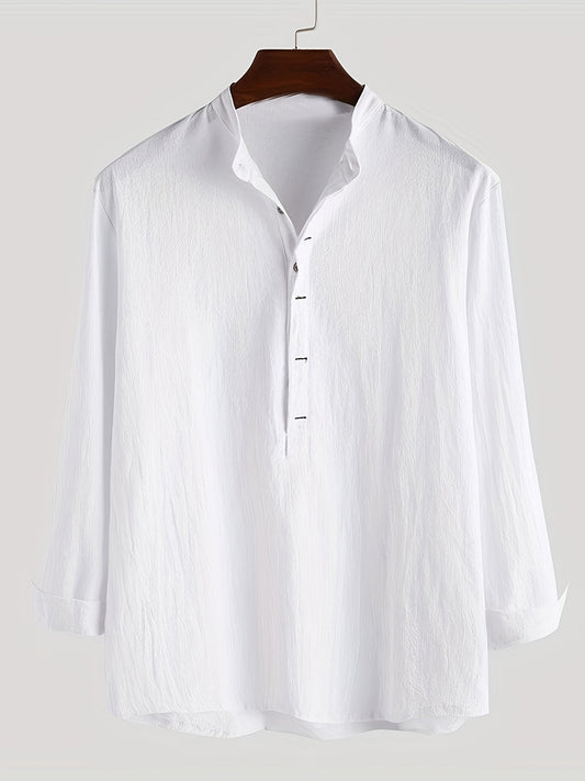Men's long-sleeve Henley shirt with a casual chic Mandarin collar style