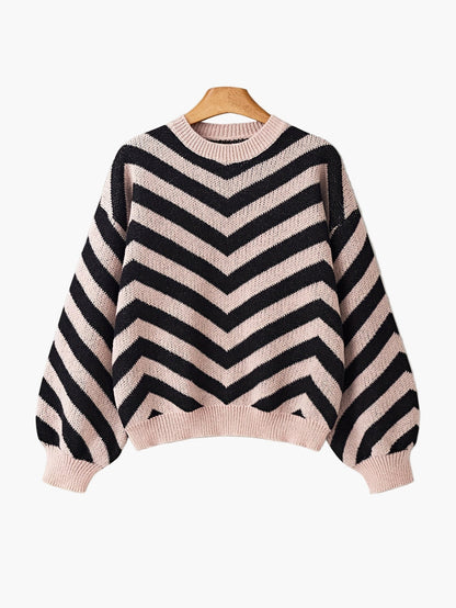 Pull élégant à rayures chevrons pour femme, style automne/hiver, manches longues, coupe décontractée