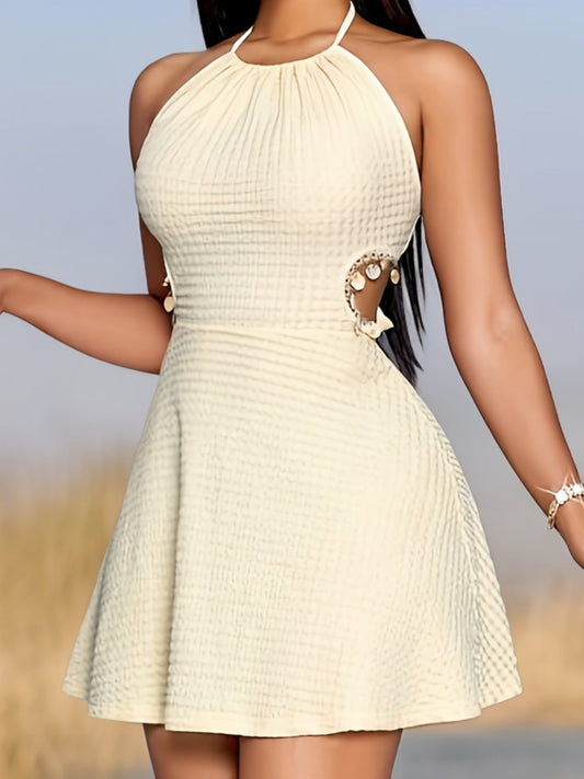Vestido corto de mujer estilo bohemio con cuello halter, corte patinadora, detalles calados tendencia verano