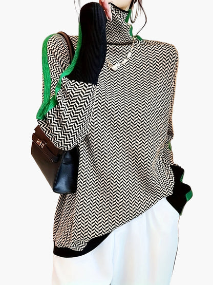 Pull Hiver Femme Col Montant Motif Géométrique Style Élégant Décontracté