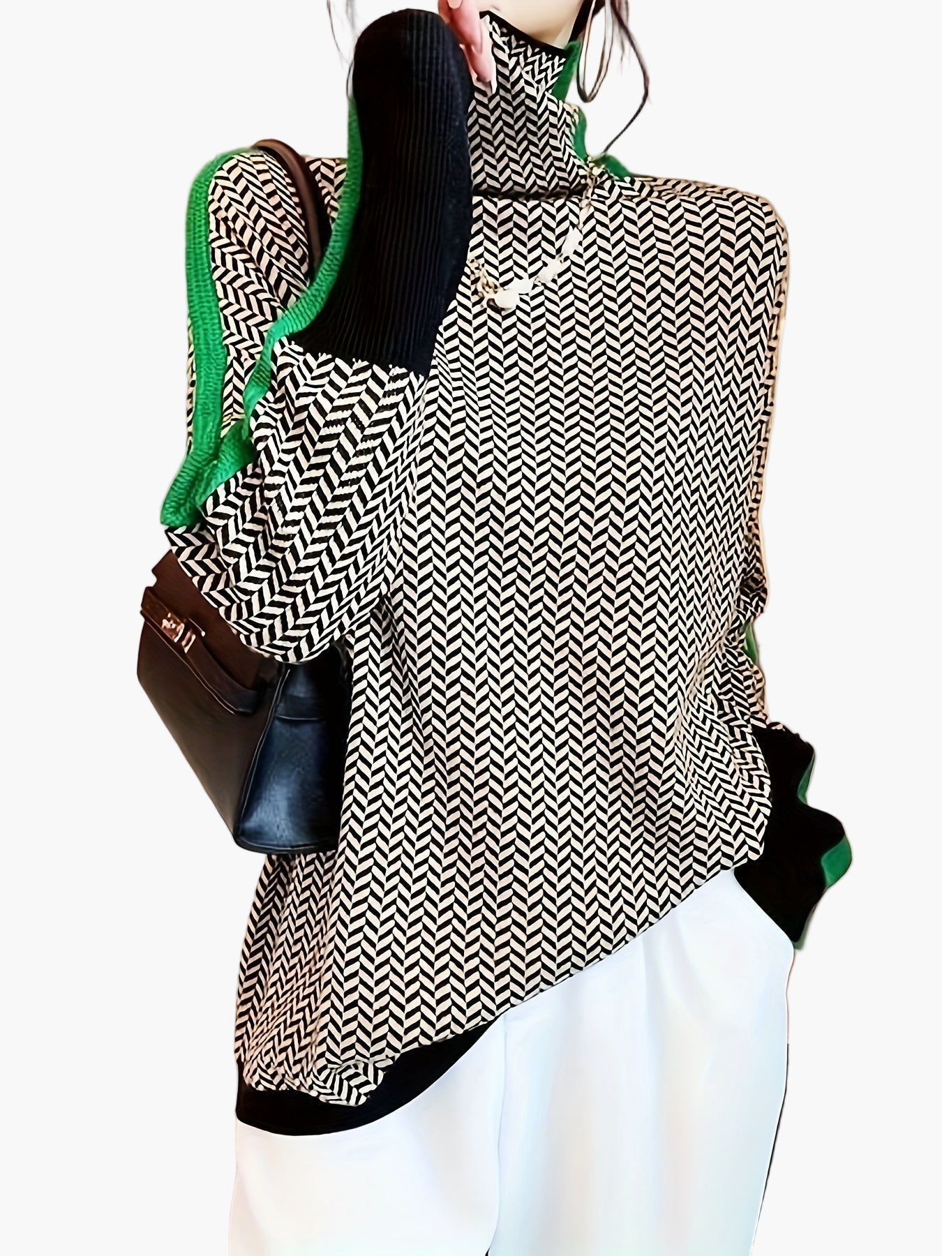 Pull Hiver Femme Col Montant Motif Géométrique Style Élégant Décontracté