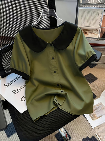 Chemisier élégant pour femme à col Claudine style rétro, manches courtes, idéal pour le bureau ou les sorties