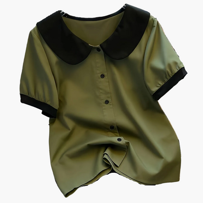 Chemisier élégant pour femme à col Claudine style rétro, manches courtes, idéal pour le bureau ou les sorties