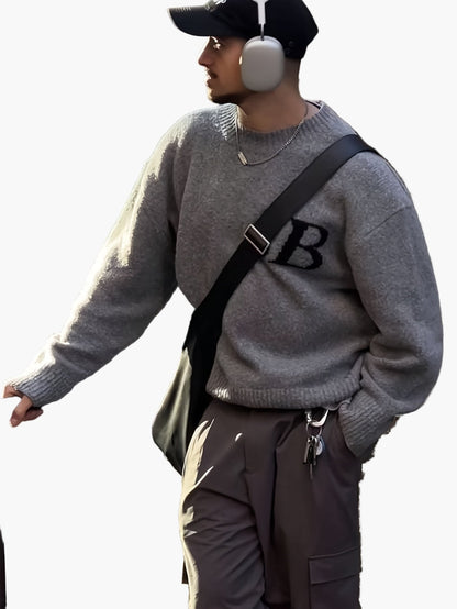 Pull streetwear décontracté pour homme avec lettre B, style tendance automne-hiver