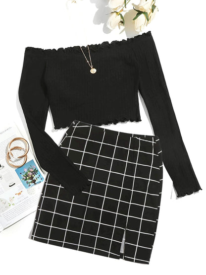 Chic damesensemble met ruitjes en off-shoulder stijl – ideaal voor lente en zomer